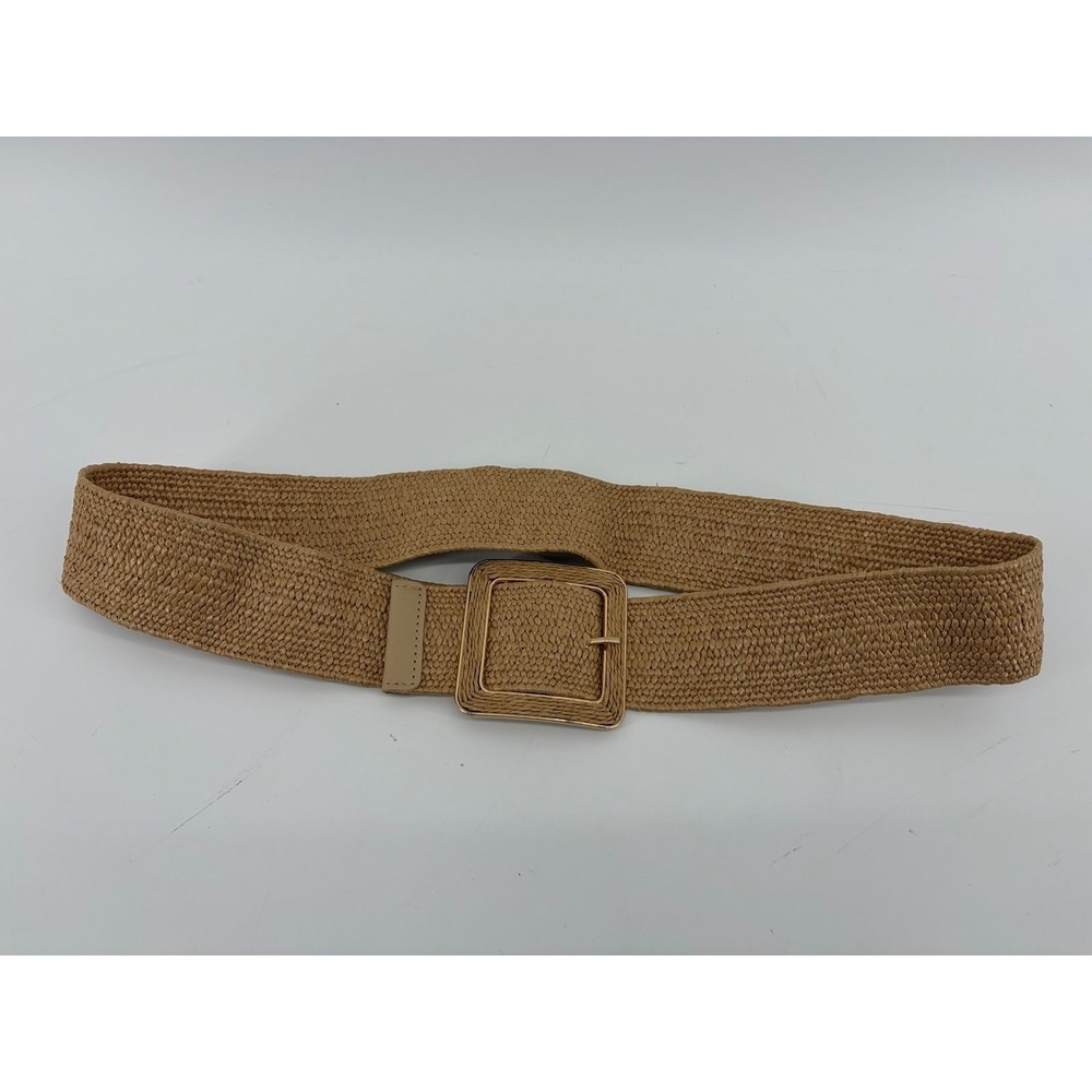 Woven Straw Belt Natural Tan Square Resin Buckle Women's Fashion Accessory